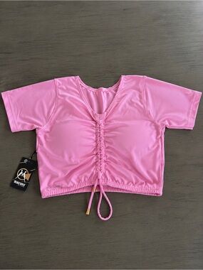 Macuns Pink Ruched Drawstring Crop Tee Brazilian